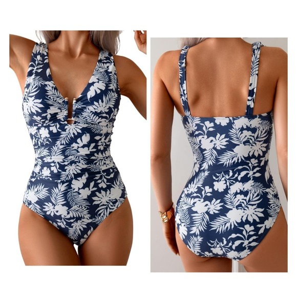 B2Prity Other - B2Prity Blue White Tropical Floral Gold Accent One-Piece Swimsuit M NWT